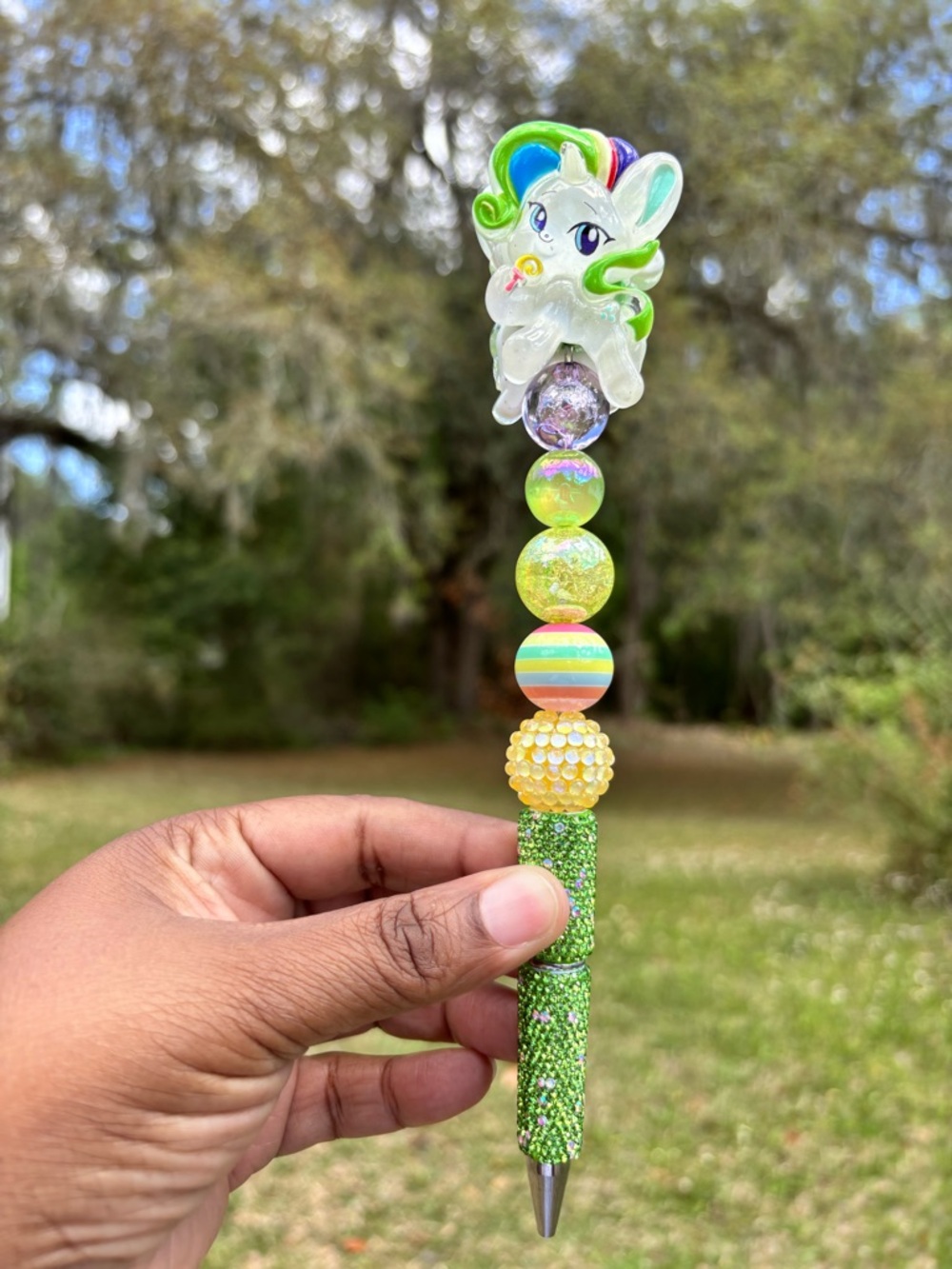 Handmade Whimsical Rhinestone Green Beaded Pony  Pen